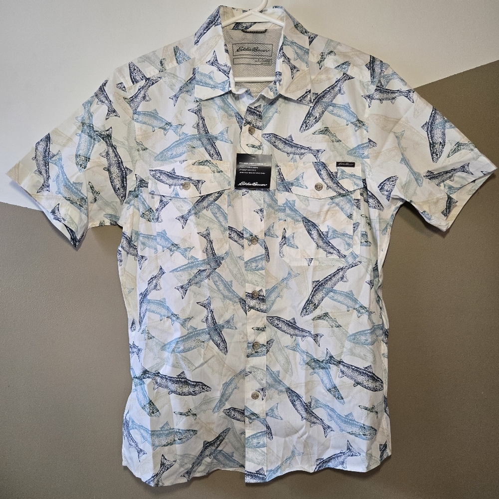Eddie Bauer Men’s Pro Creek Short Sleeve Performance Blue Fish Shirt Size Small